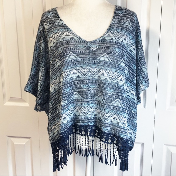 Almost Famous Blue Boho Tribal Print Fringe Poncho Top XL - Picture 1 of 16